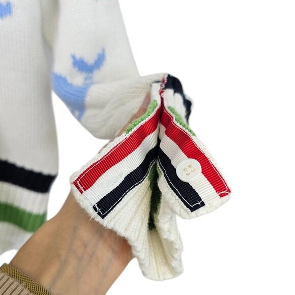Thom Browne Womens V-Neck Whale Knit Cotton Sweater, Striped, Size 36 - Picture 8 of 11